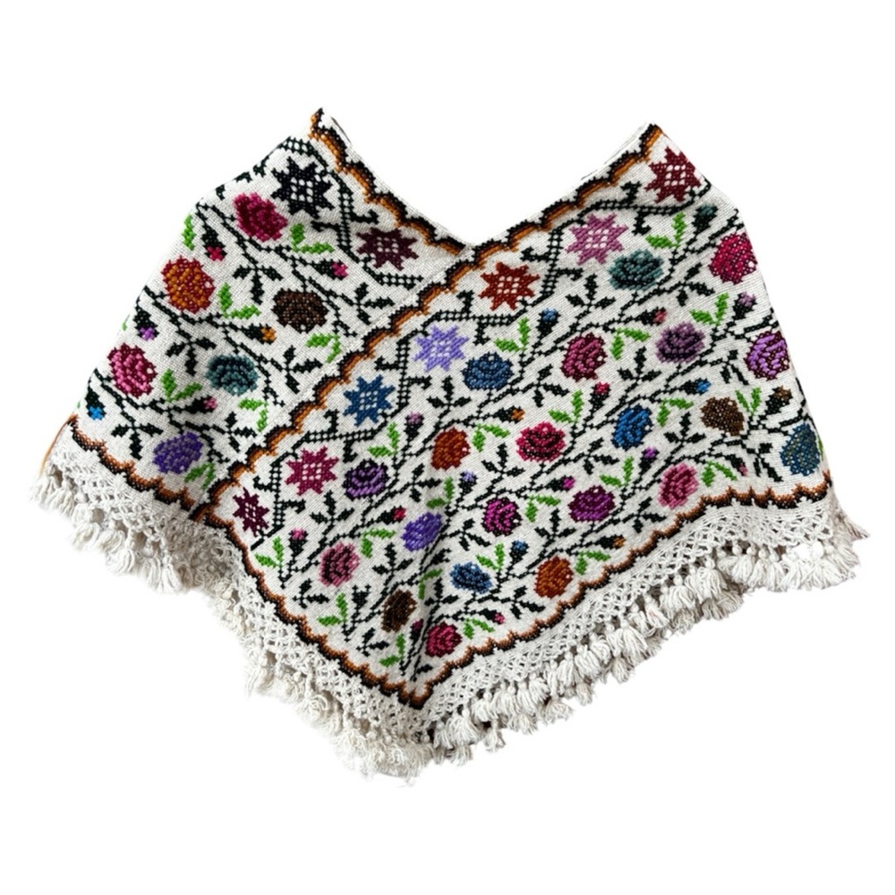 New Puebla Woven Rose Colorful Cream Embroidered Poncho